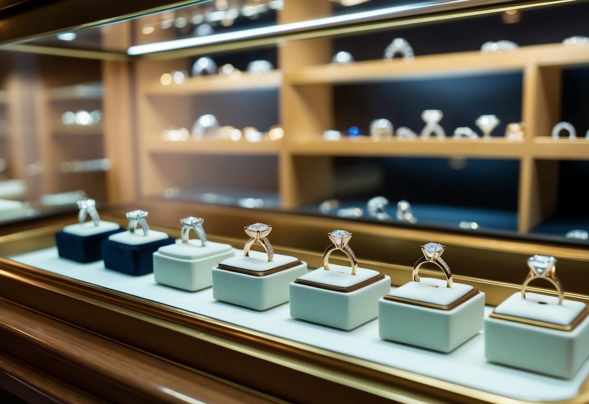 A jeweler's display case with various engagement rings in different styles and price points