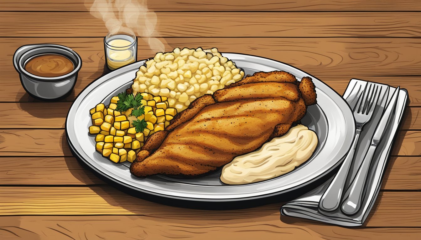 A sizzling plate of Texas chicken with a side of creamy mashed potatoes and buttery corn on the cob, all served on a rustic wooden table