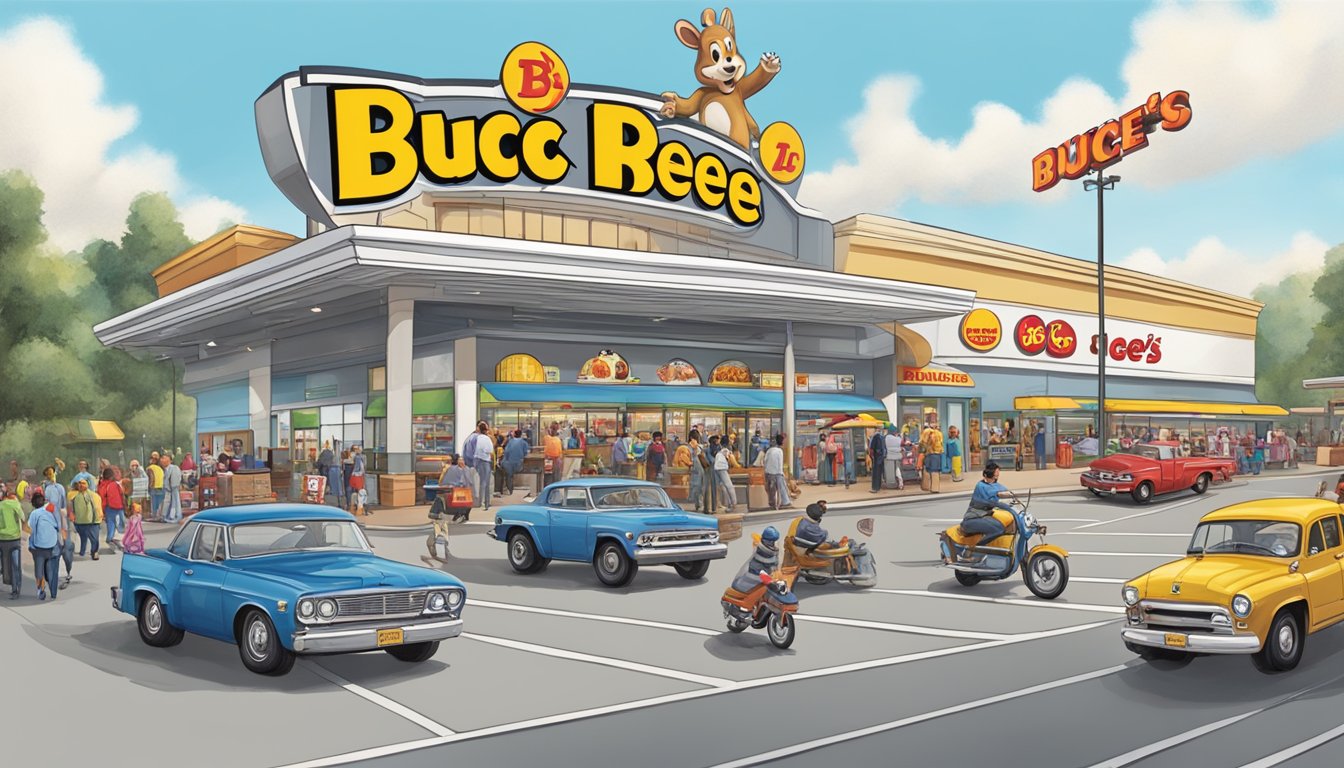 A bustling highway scene with a large Buc-ee's sign towering over a newly opened store in Georgia, surrounded by excited customers and busy gas pumps