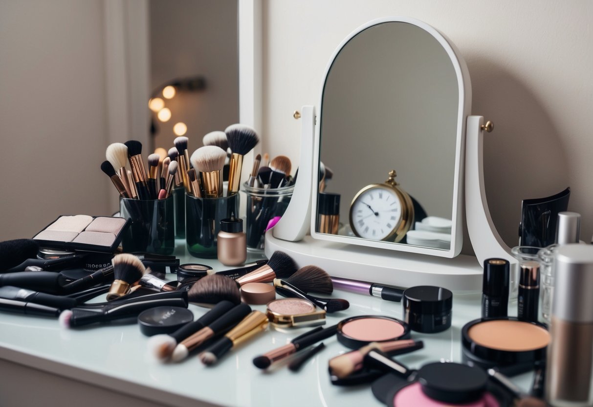 A cluttered vanity with scattered makeup and hair accessories, a mirror reflecting a clock showing the passing of time