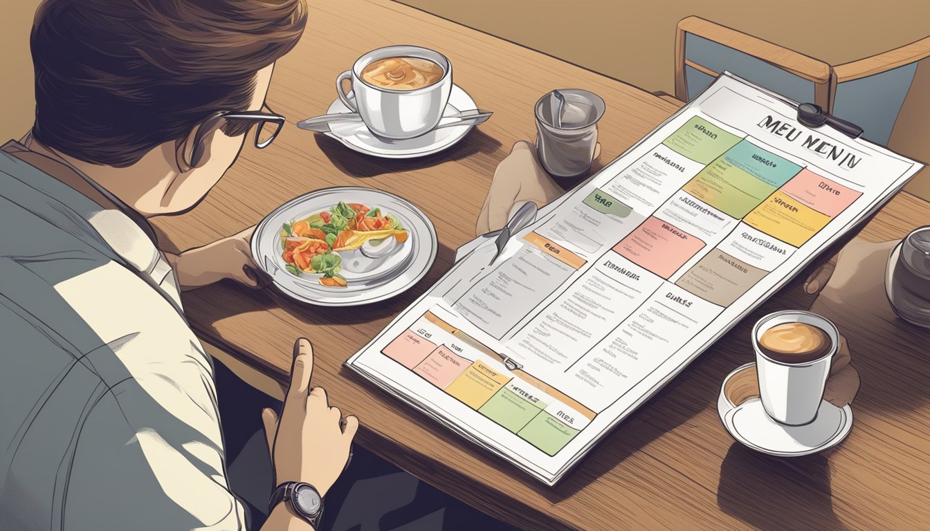 A person at a table with a menu, pointing to different options