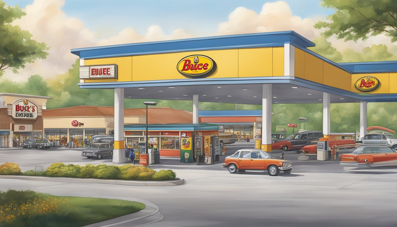 A bustling gas station with fuel pumps, a convenience store, and a large parking lot. The iconic buc-ee's beaver logo is prominently displayed on the building