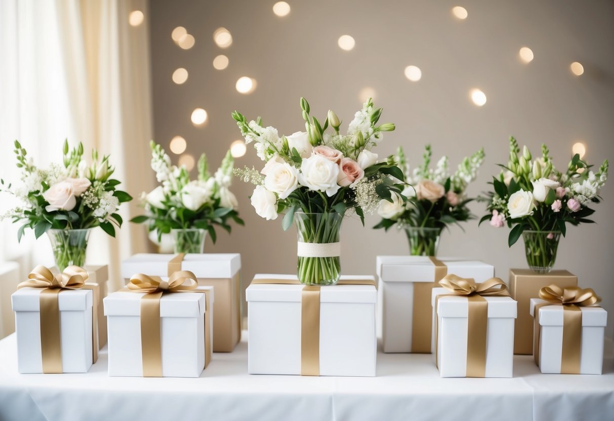 A table with elegant gift boxes, wrapped presents, and delicate flowers arranged for a bridal shower