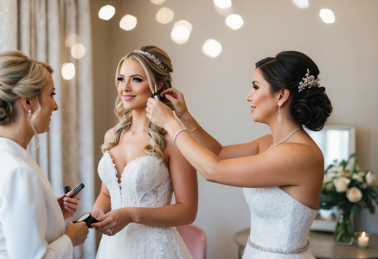 A bride's wedding day beauty routine: hair styling, makeup application, and dressing in bridal attire
