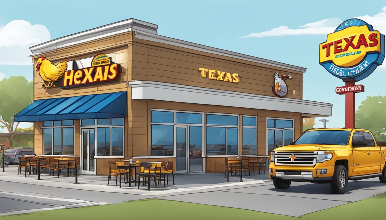 A bustling Texas Chicken restaurant with a drive-thru, outdoor seating, and a large sign with the company logo