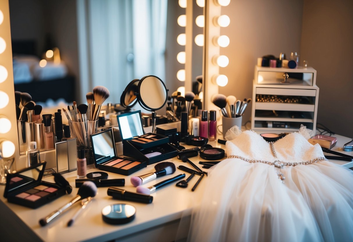 A cluttered vanity with makeup, hair accessories, and a wedding dress laid out, surrounded by a mirror and soft lighting