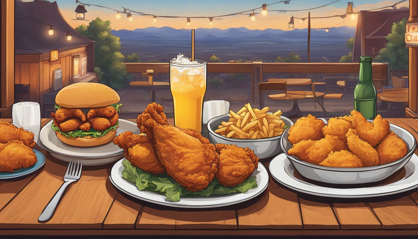 A table with various menu items displayed, including fried chicken, sides, and drinks, with a backdrop of a Texas-themed decor