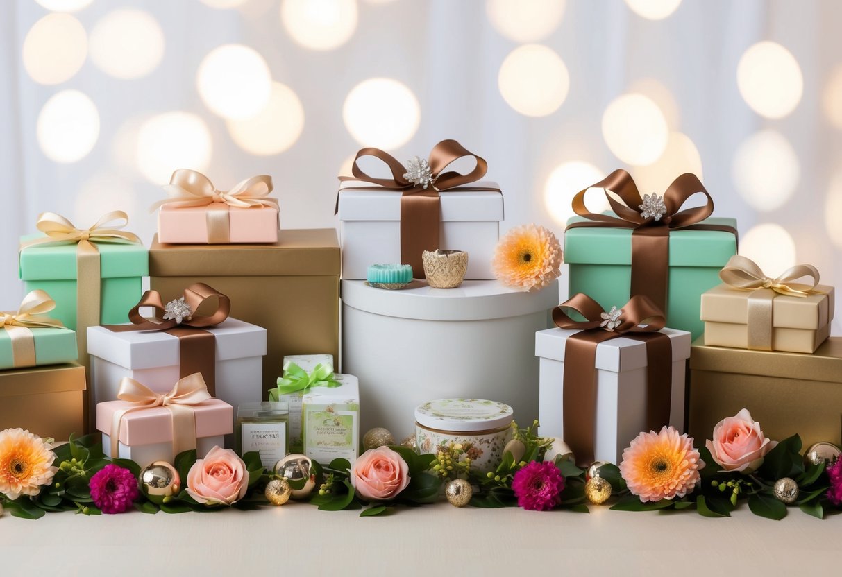 A table adorned with elegant gift boxes, flowers, and ribbons. A variety of thoughtful presents, such as kitchenware, spa items, and decorative homewares, are displayed