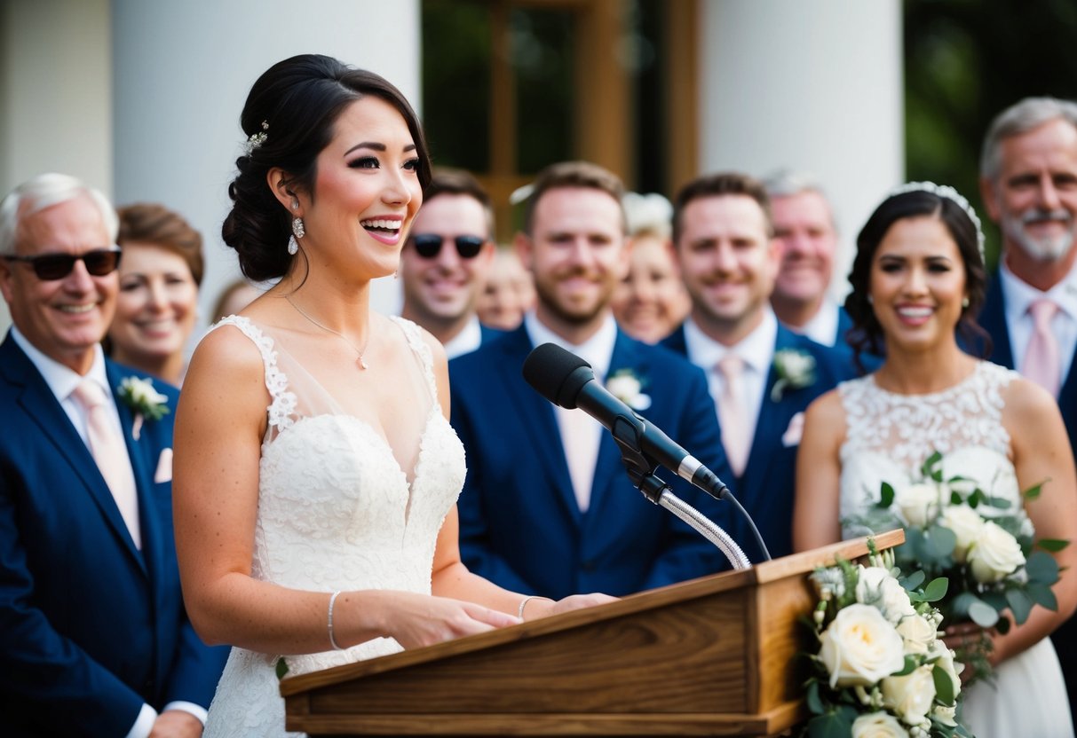 A maid of honor stands at a podium, surrounded by smiling guests. She gestures with emotion, speaking from the heart