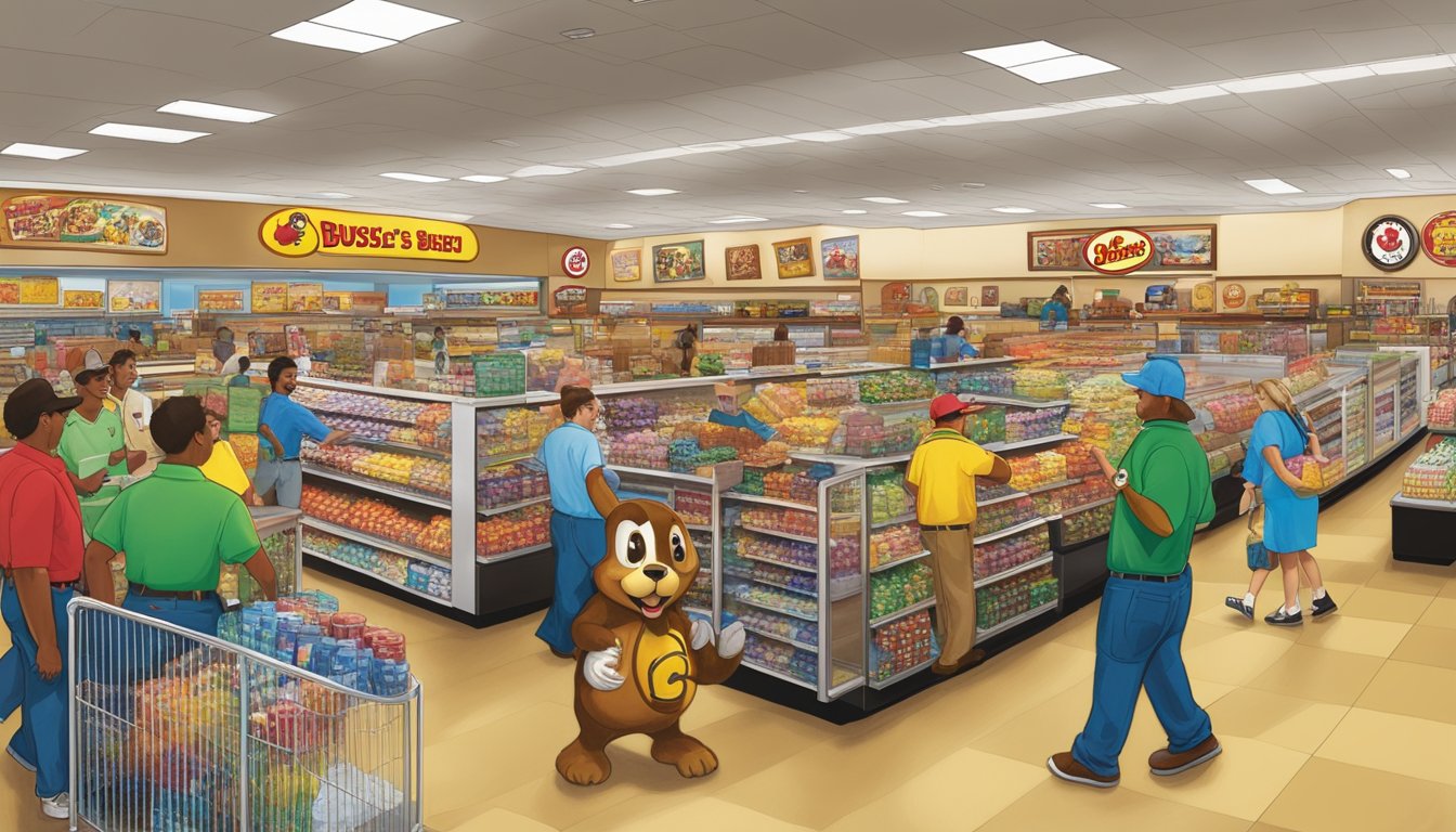 A bustling Buc-ee's store in Georgia, with customers browsing aisles, staff assisting, and the iconic beaver mascot welcoming visitors