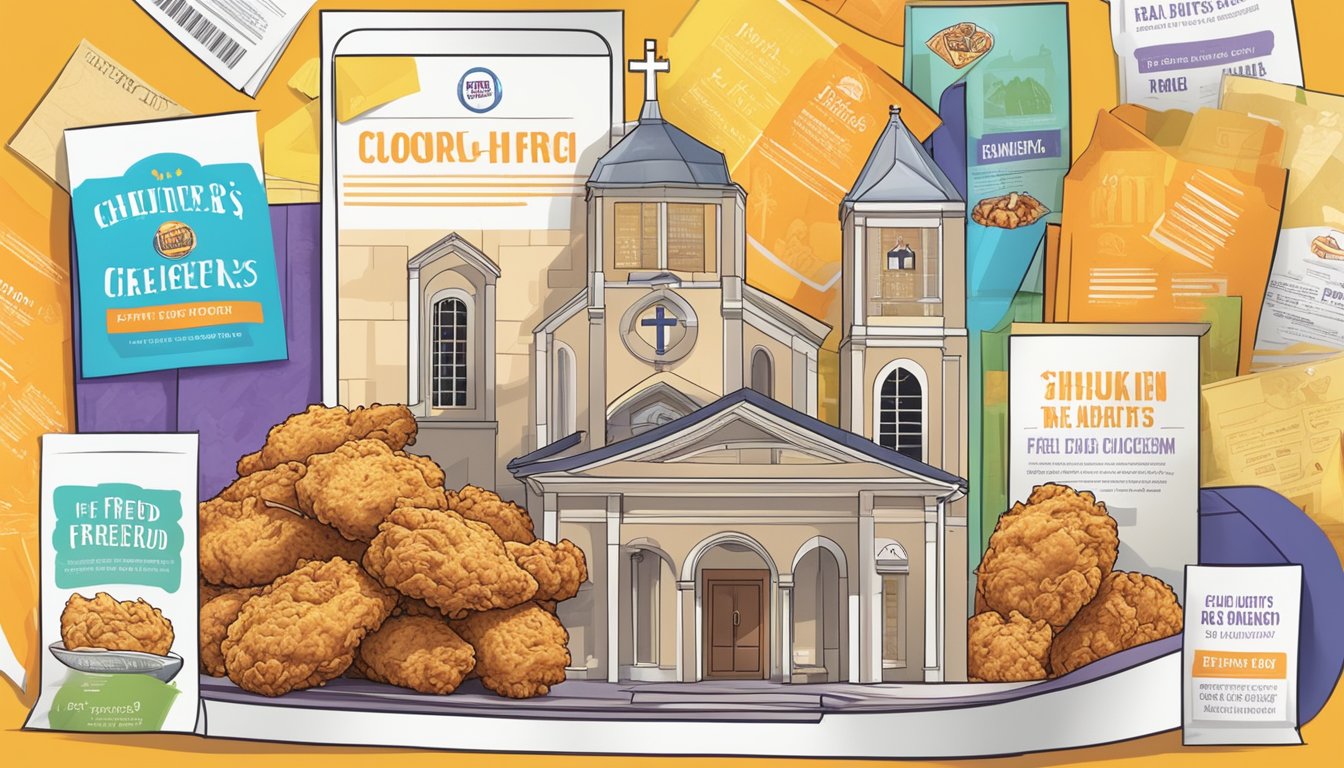 A colorful coupon booklet surrounded by images of fried chicken, biscuits, and the Church's Real Rewards Program logo