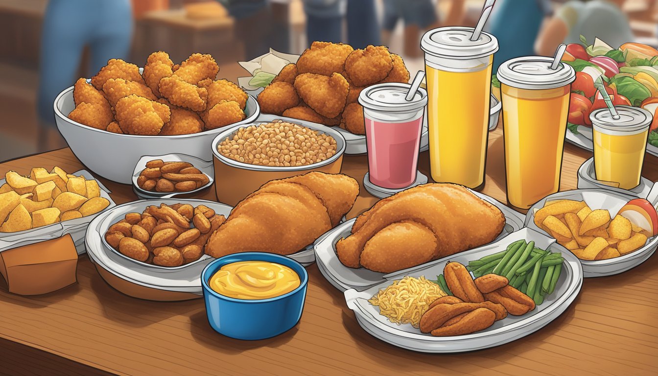 A colorful array of food items and their corresponding nutritional labels displayed on a table at a Church's Texas Chicken location