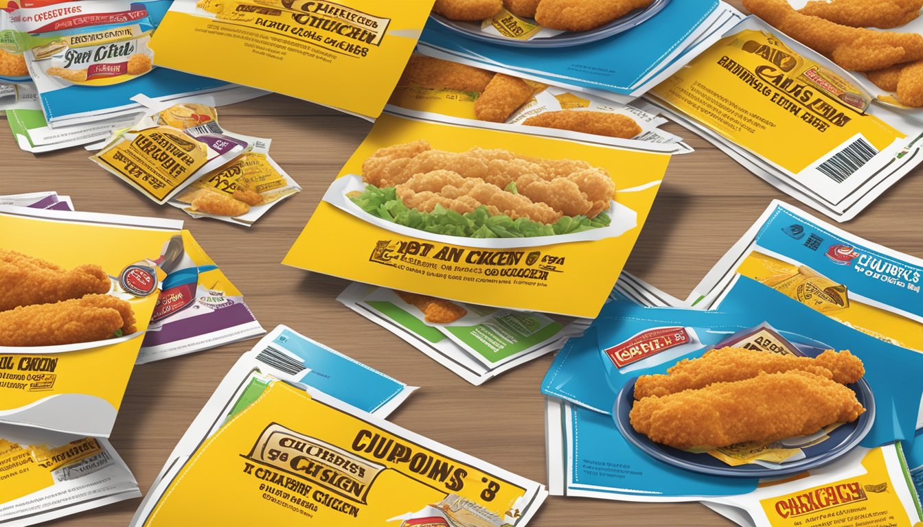 A colorful display of coupons and offers for Church's Texas Chicken