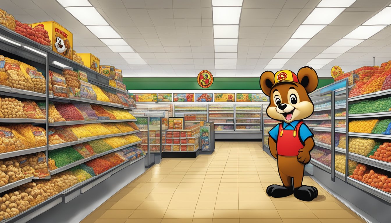 A bustling Buc-ee's store with shelves stocked high with bags of their famous Beaver Nuggets, while the iconic beaver mascot stands proudly at the entrance