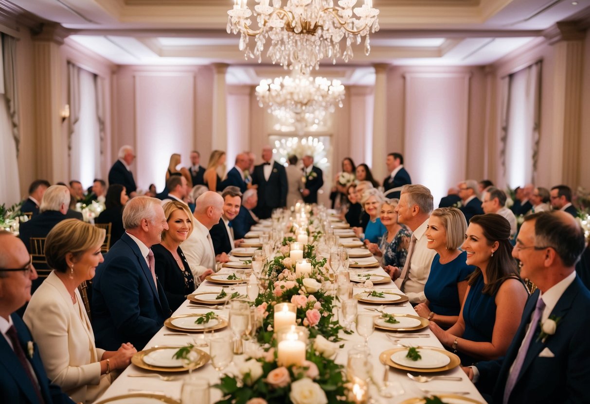 Family and friends gather at a long banquet table with elegant place settings, surrounded by soft candlelight and floral centerpieces