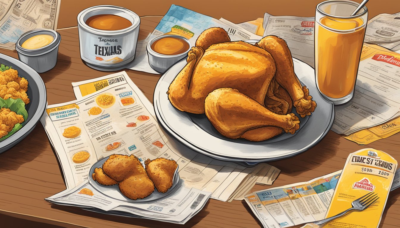 A table with a menu featuring images of Texas chicken and coupons