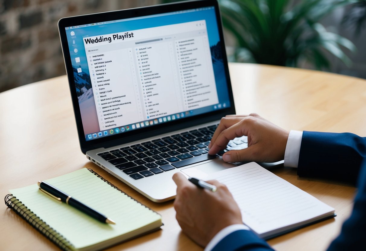 A table with a laptop, a notepad, and a pen. On the laptop screen, a wedding playlist is being created with various songs and artists listed