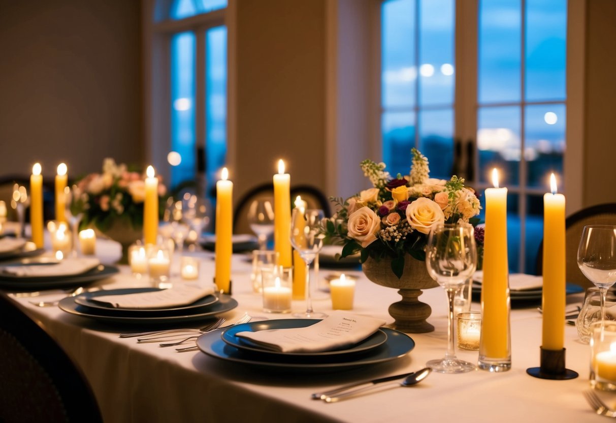 A table set for a dinner with place settings, candles, and floral centerpieces. The room is softly lit with a warm, inviting ambiance