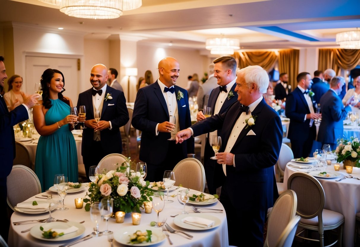 Guests arrive to a cozy venue with soft lighting. Tables are set with elegant place settings and floral centerpieces. A buffet or plated dinner is served, followed by toasts and speeches