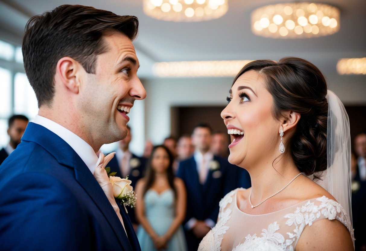 The groom's eyes widen in awe as he sees the bride's dress