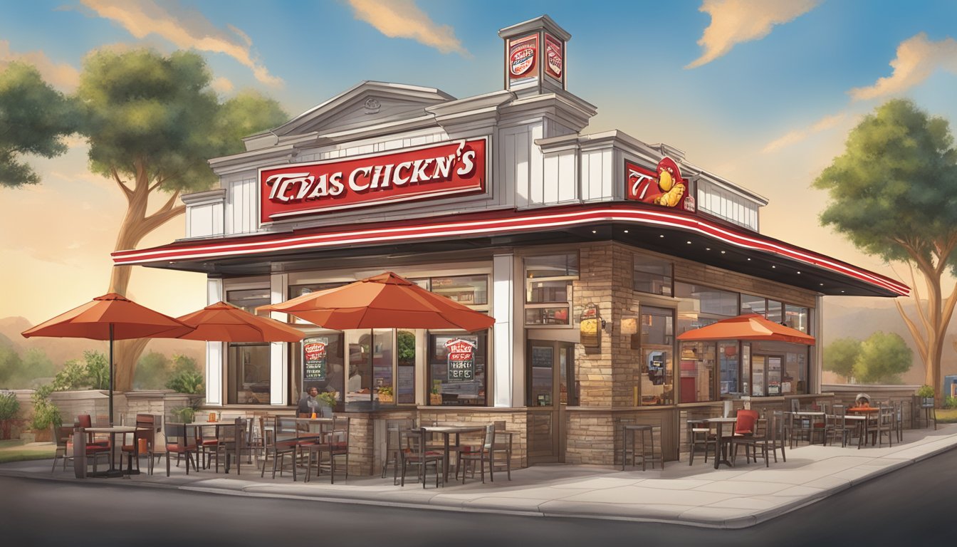 A bustling Texas Chicken restaurant with a prominent Church's logo, featuring a menu board and iconic red and white branding