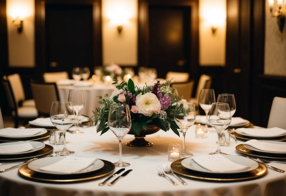 A table set for a formal dinner, with elegant place settings and a floral centerpiece. The room is dimly lit, creating a warm and intimate atmosphere