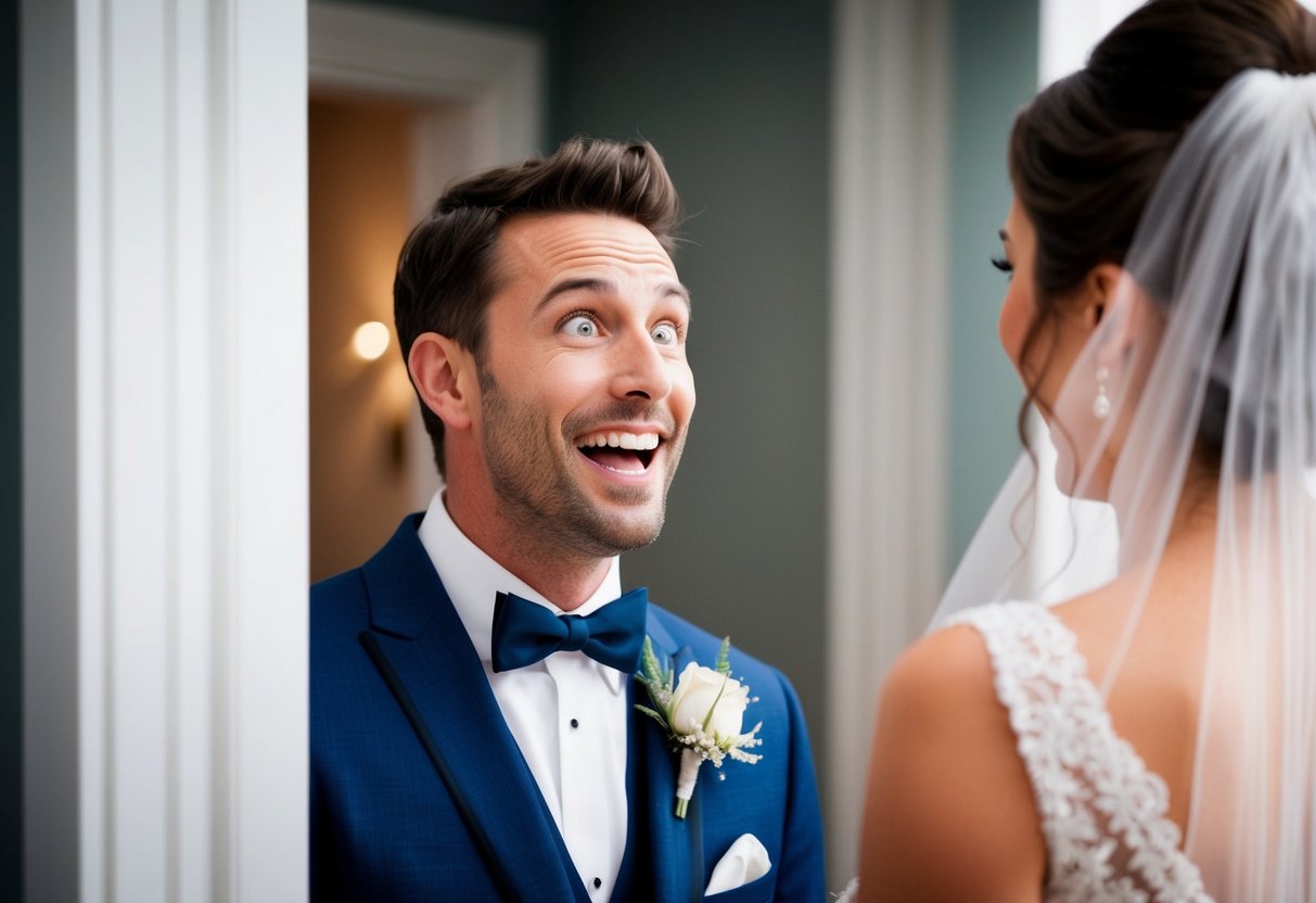 The groom's eyes widen in awe as he catches the first glimpse of the bride's stunning dress, his expression filled with love and admiration