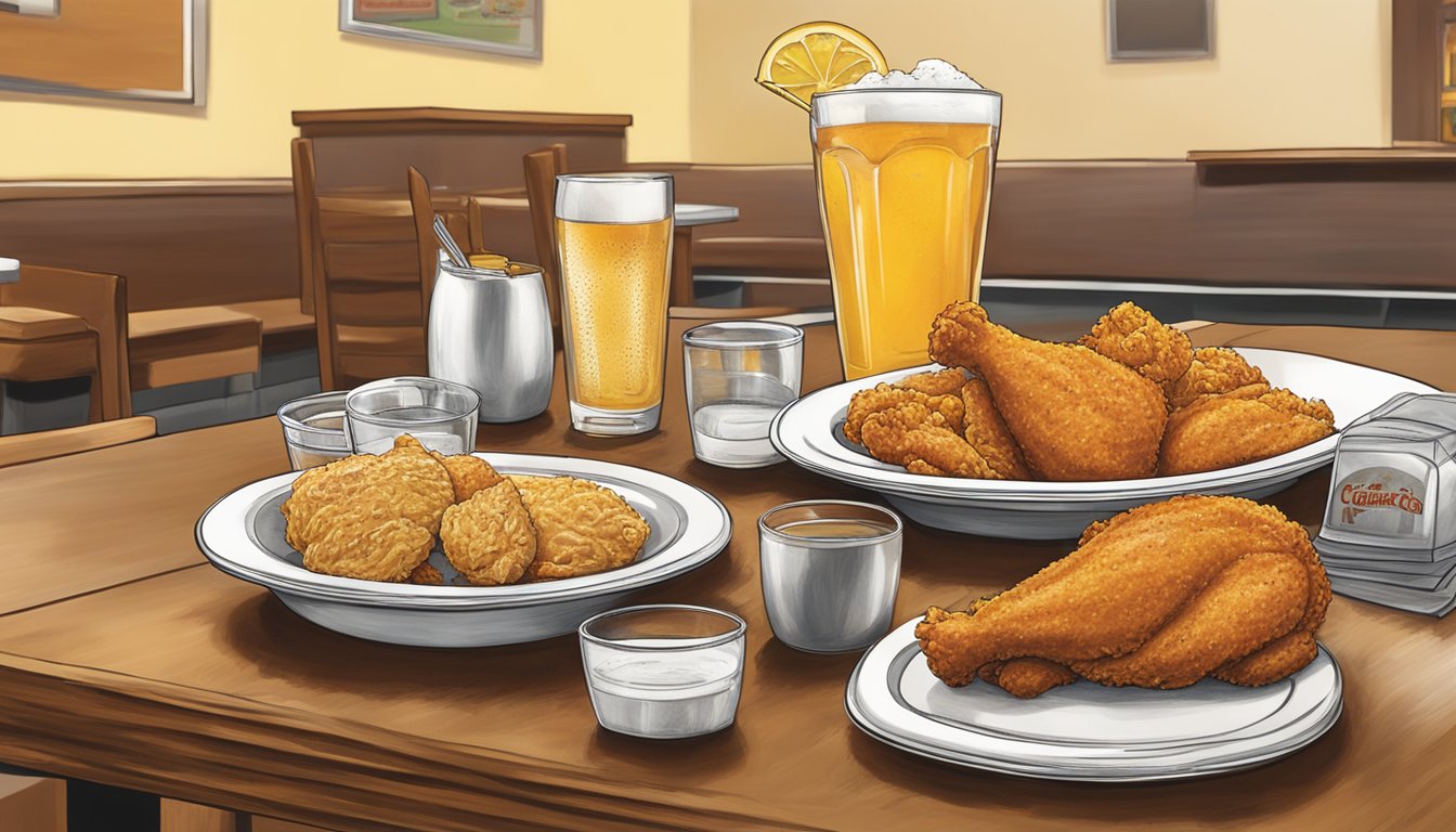 A table set with beverages and a menu from Church's Texas Chicken in Flint