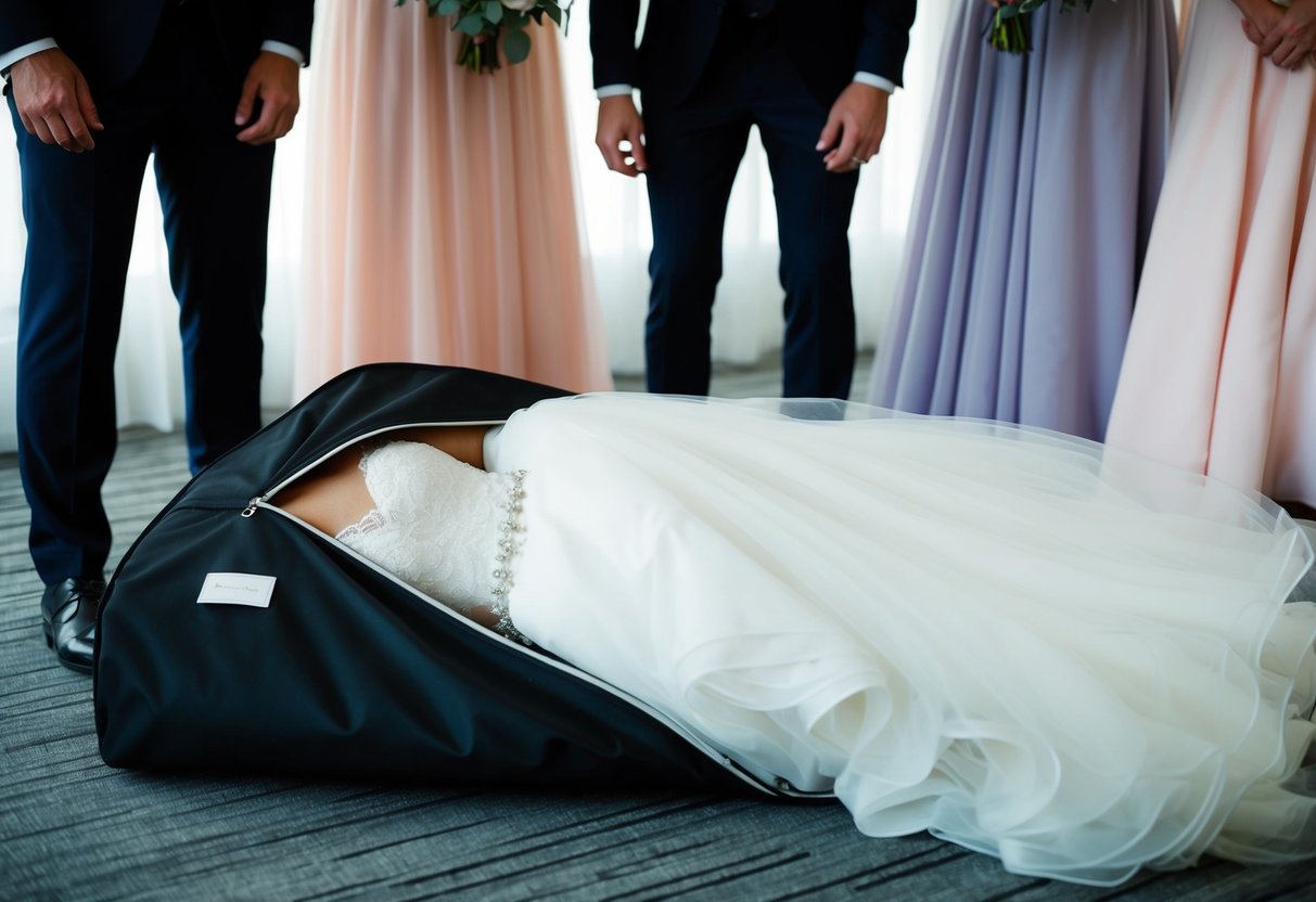 The bride's dress is carefully hidden in a garment bag among other dresses. The groom accidentally unzips the bag, revealing the dress