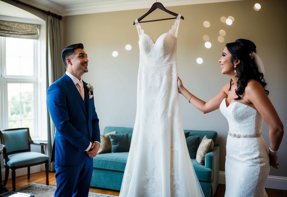 The groom's eyes widen as he sees the bride's dress, a blend of traditional and modern elements, hanging elegantly in the room
