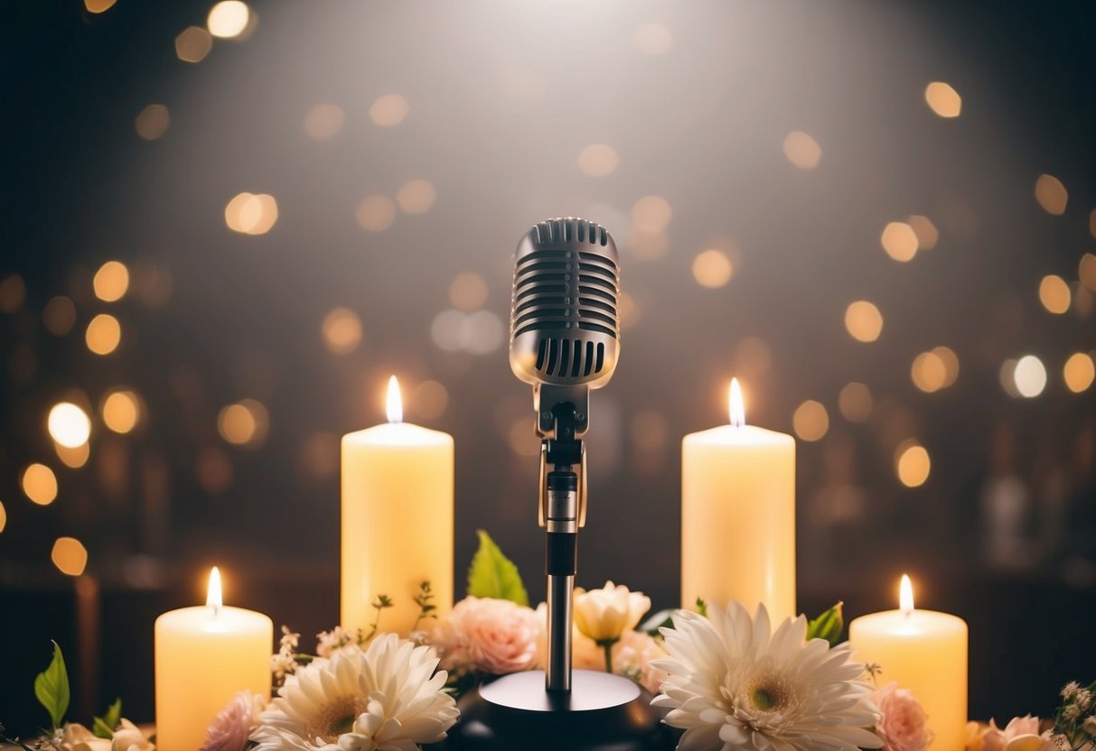 A microphone stands on a podium surrounded by flowers and candles, with a soft spotlight shining down on it