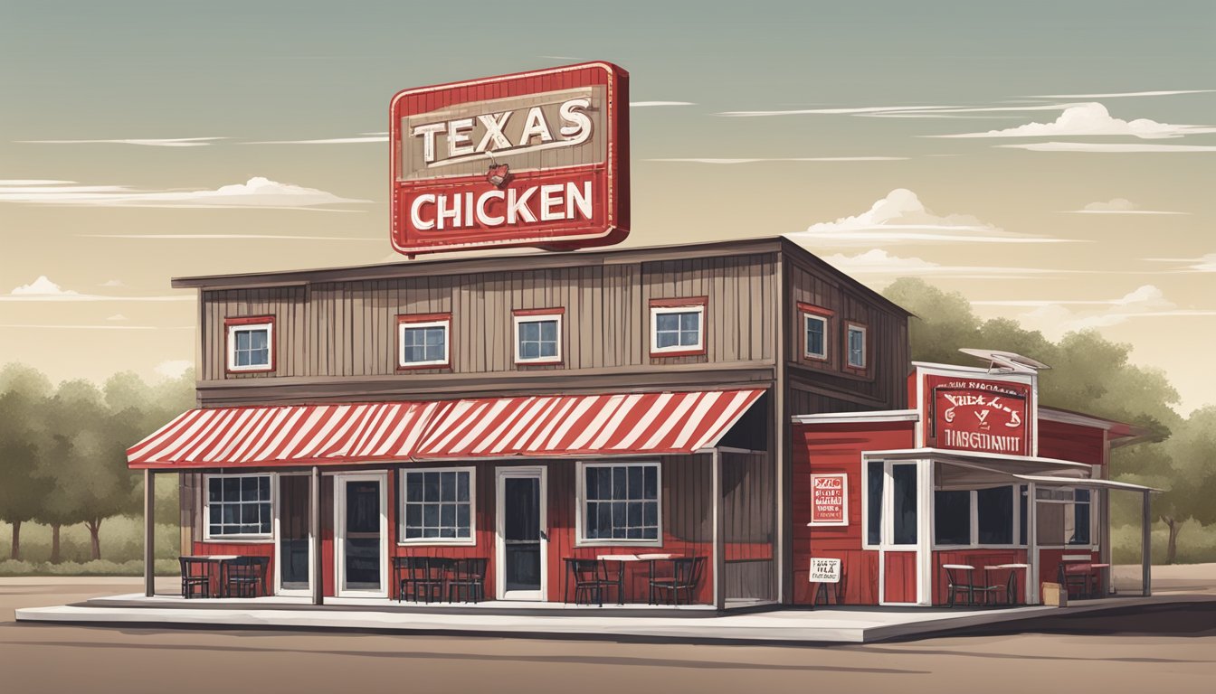 A rustic Texas chicken restaurant with a vintage sign and red and white exterior