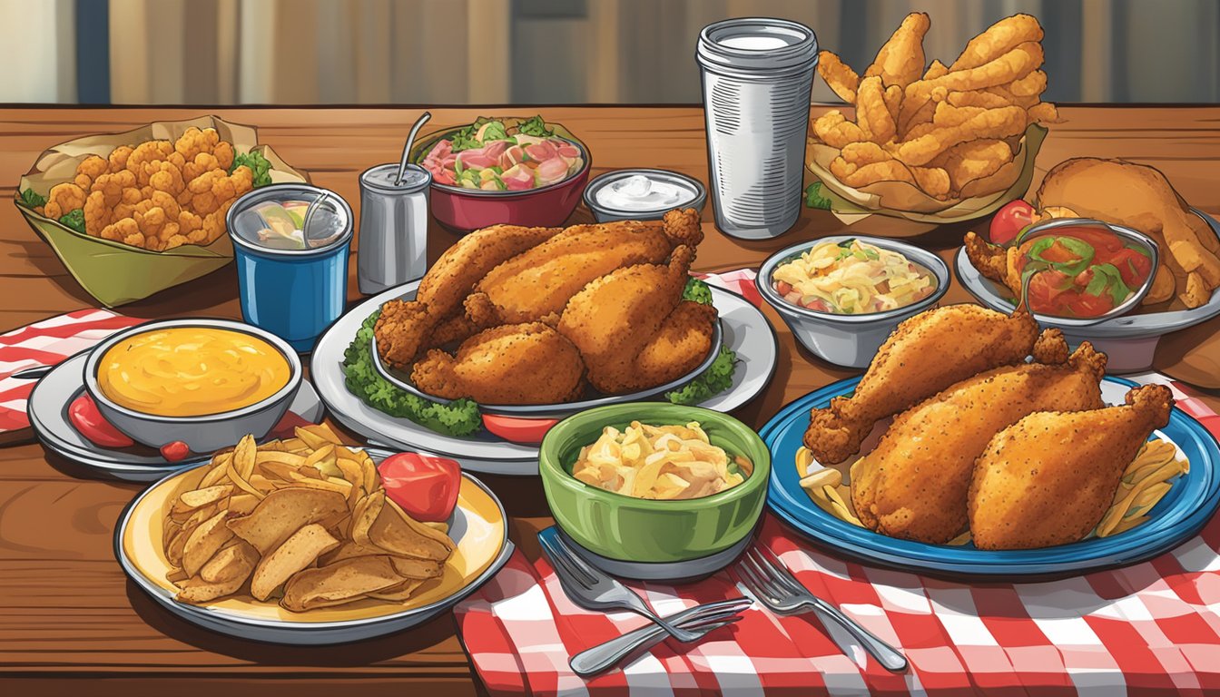 A table with a colorful plate of Texas chicken and various menu items, with the church's logo prominently displayed