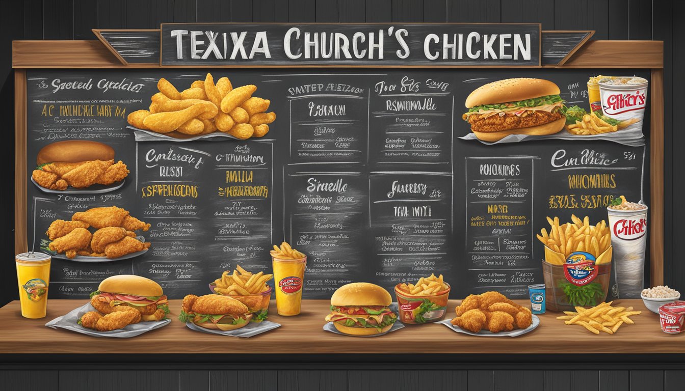 A colorful chalkboard displays the latest promotions and specials for Church's Texas Chicken in Flint