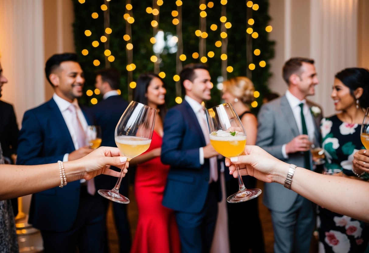A festive reception with flowing drinks and lively conversation, set against a backdrop of elegant decor and twinkling lights