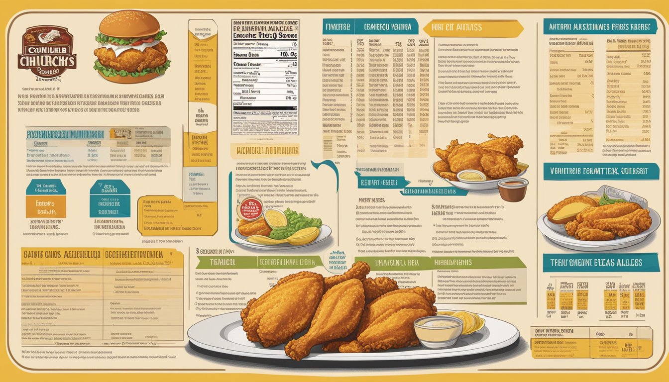 A table with a plate of Church's Texas Chicken, surrounded by various nutritional information labels and charts