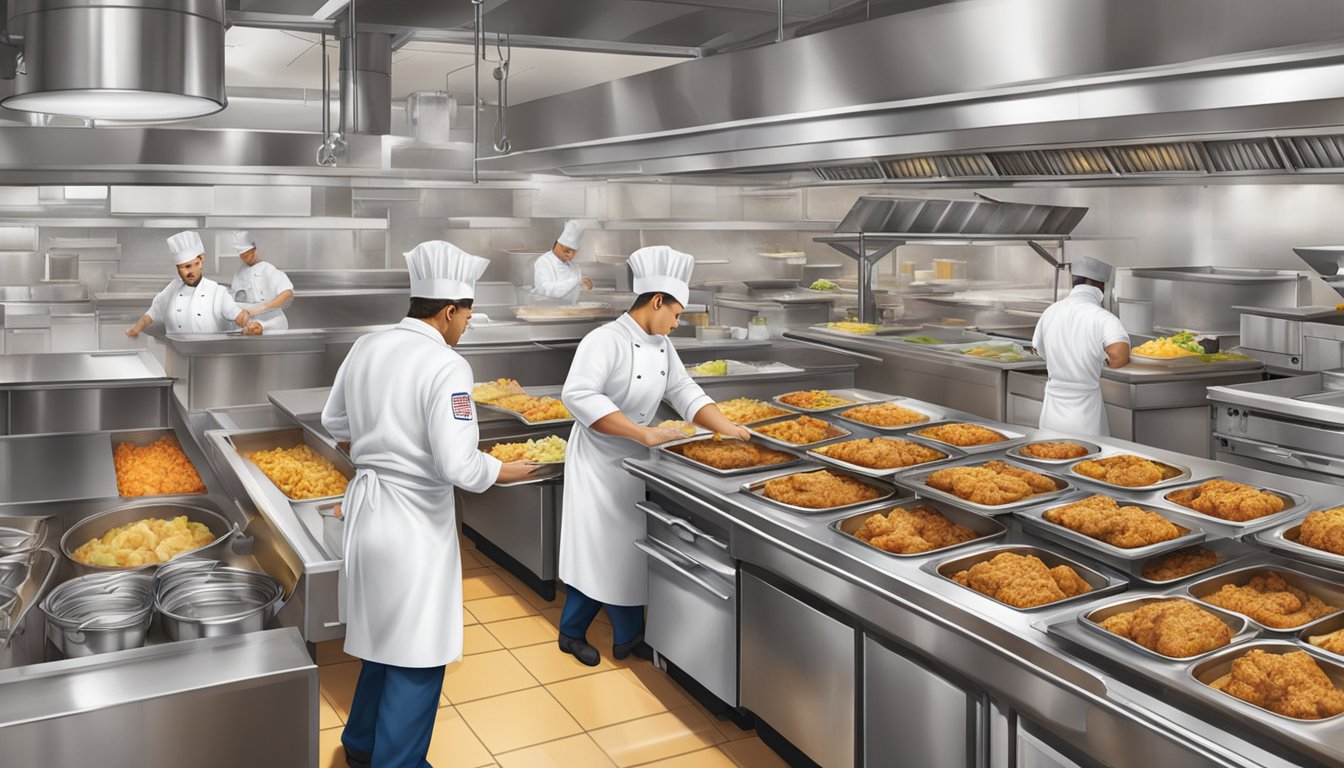 A bustling kitchen with chefs preparing large orders of Church's Texas Chicken for catering, surrounded by stacks of to-go containers and ingredients