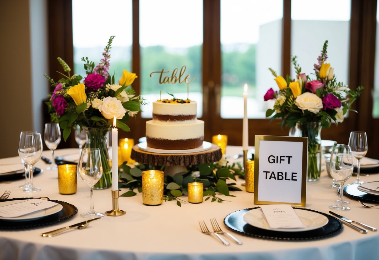 A table with flowers, candles, and place settings. A cake on display, and a sign for a gift table