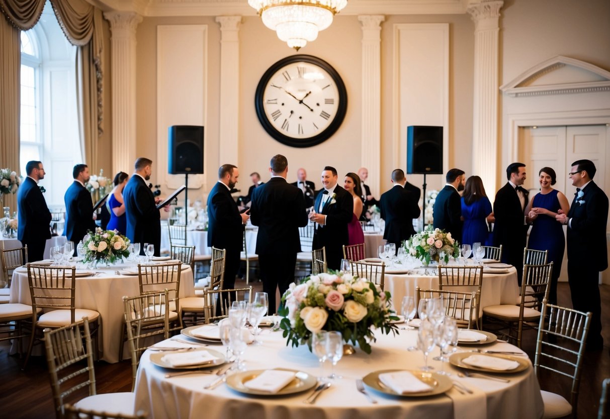 The scene is set in a grand ballroom with elegant decor and a large clock on the wall. Tables are adorned with floral centerpieces and guests mingle as a band plays in the background