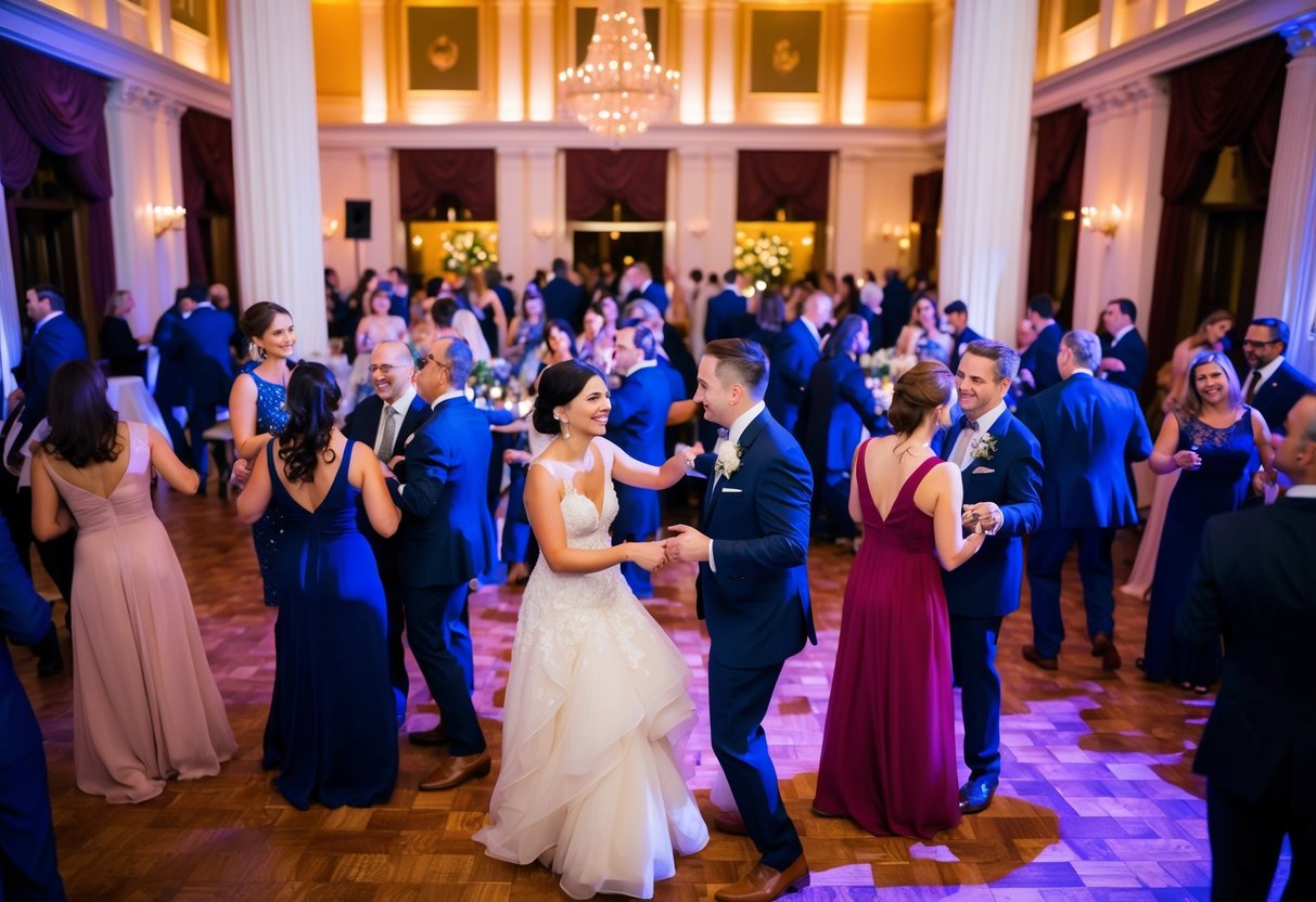 A lively reception in a grand hall, filled with elegant decor and a dance floor. Guests mingle and celebrate as the evening progresses