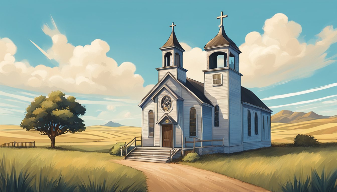 A rustic Texas church with a prominent chicken statue in front, surrounded by rolling hills and a big blue sky