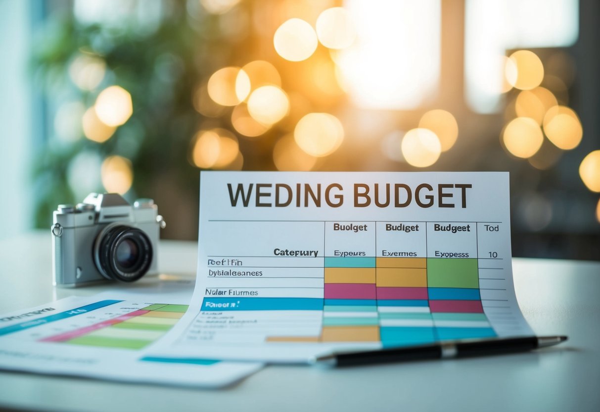 A wedding budget spreadsheet with categories for major expenses