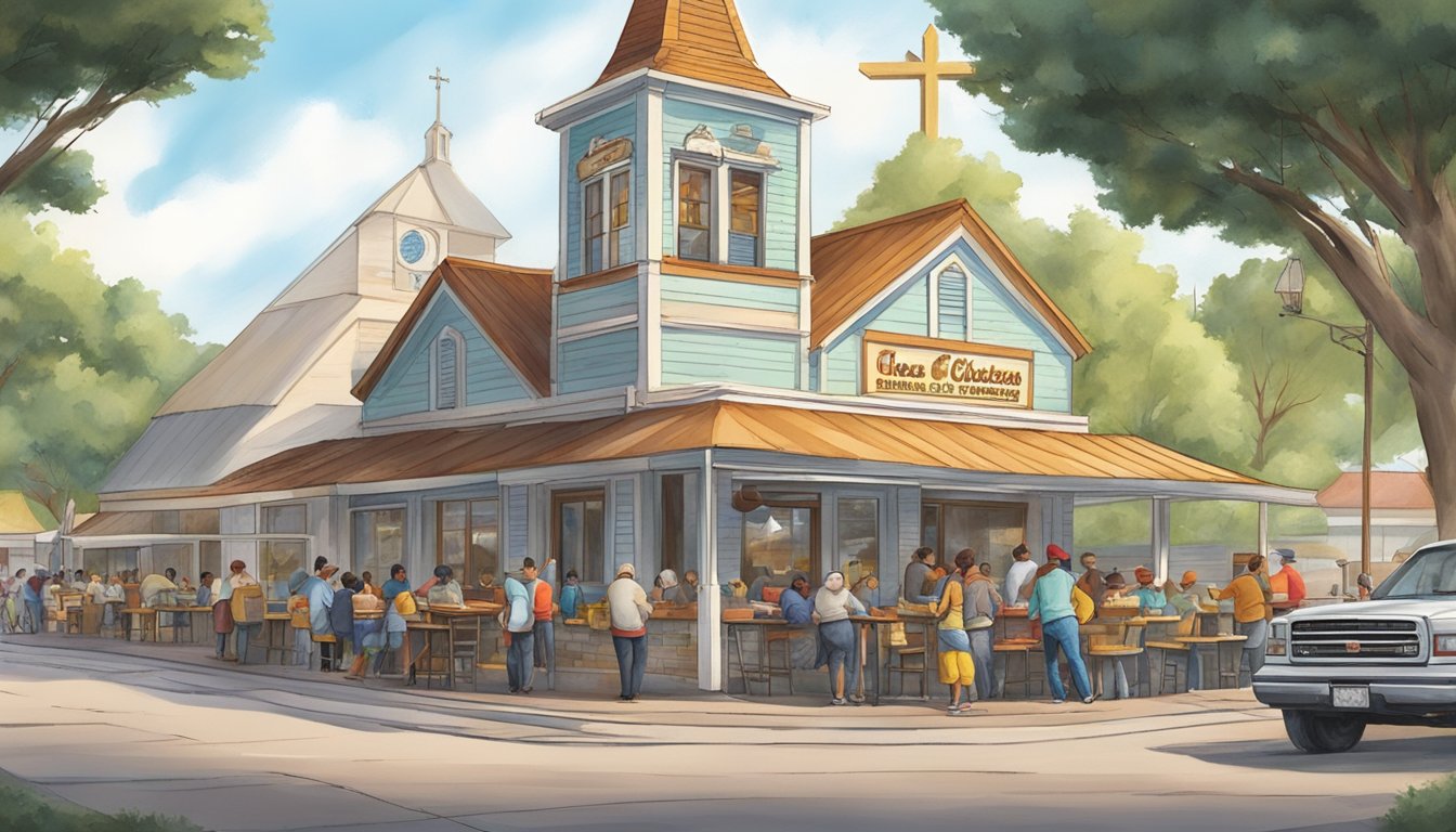 A bustling Texas Chicken restaurant nestled next to a quaint church, with a steady flow of customers coming and going