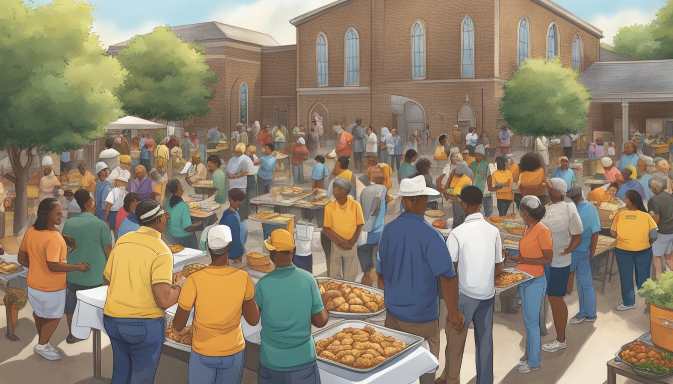 A bustling church courtyard hosts a Texas chicken event, with community members and volunteers gathering for food and fellowship