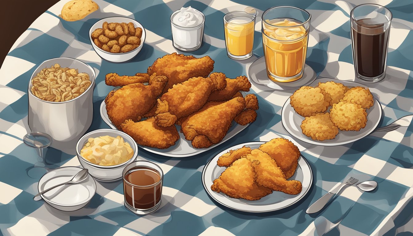 A table with a variety of fried chicken, biscuits, sides, and drinks displayed on a checkered tablecloth