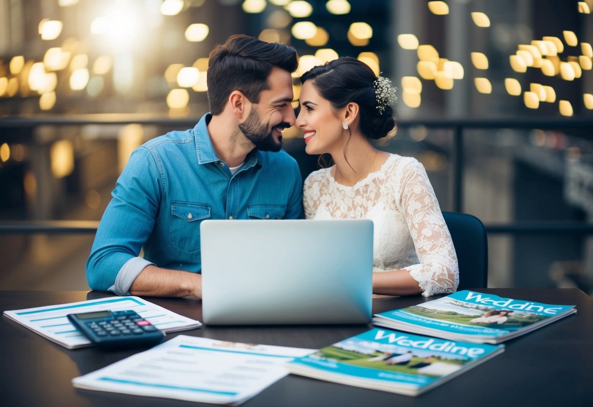 A couple seated at a table with a laptop and spreadsheets, surrounded by wedding magazines and a calculator