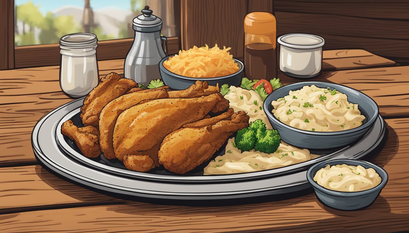 A sizzling plate of Texas chicken, surrounded by sides of mashed potatoes and coleslaw, sits on a rustic wooden table in a cozy restaurant setting