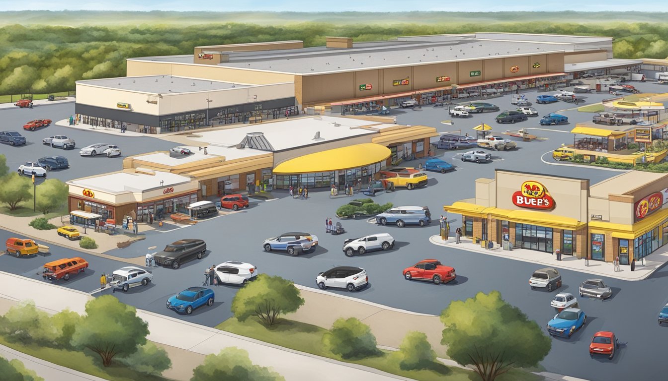 A bustling, expansive Buc-ee's travel center with numerous gas pumps, a massive store, and a sprawling parking lot filled with cars and RVs