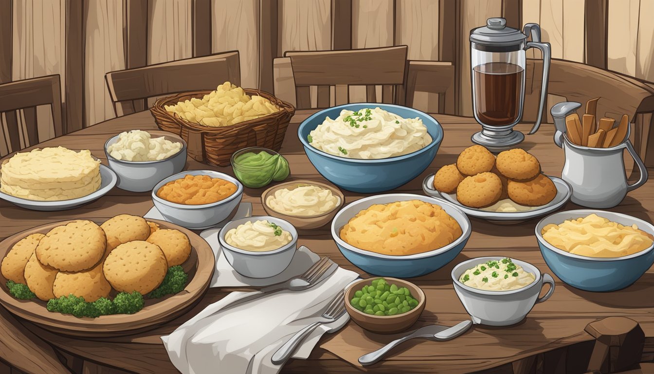 A table with various sides and add-ons, such as mashed potatoes, coleslaw, and biscuits, displayed in a rustic and inviting setting