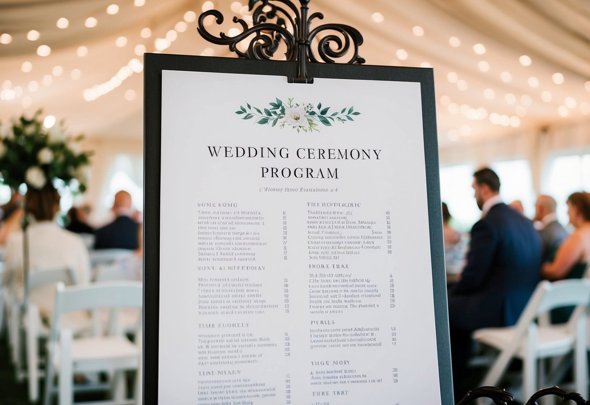 A wedding ceremony program with song titles and corresponding time durations